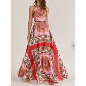 Aakaa Halter Maxi Full A-line Slip Dress Red Pink Paisley Print Women’s Medium